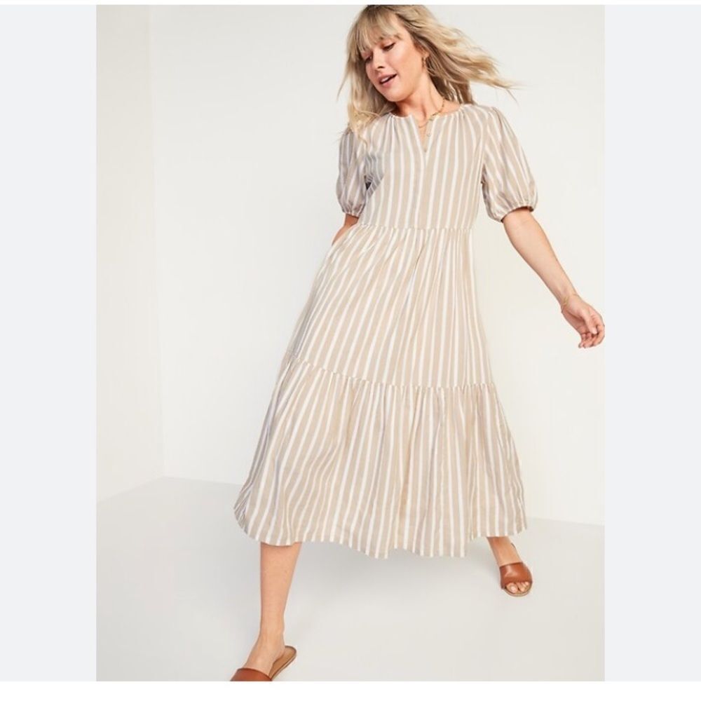 Old Navy Waist-Defined Dobby-Stripe Midi Dress